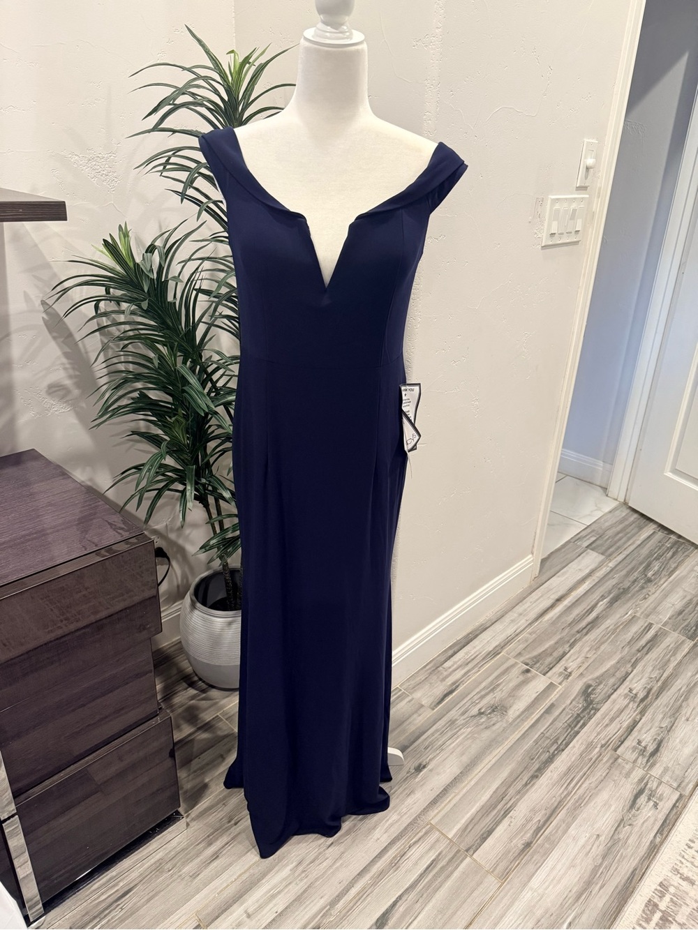 Xscape Navy Off-Shoulder V-Neck Maxi Gown NWT